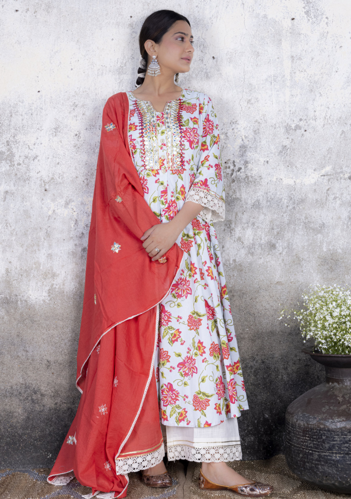 White Cotton Anarkali Kurta Set with Red Block Print Dupatta