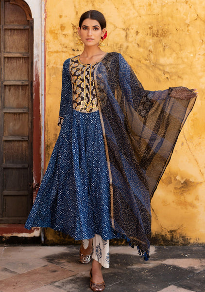 Buy Indigo Blue Dabu Print Anarkali Suit With Dupatta For Women – Maitri  Jaipur